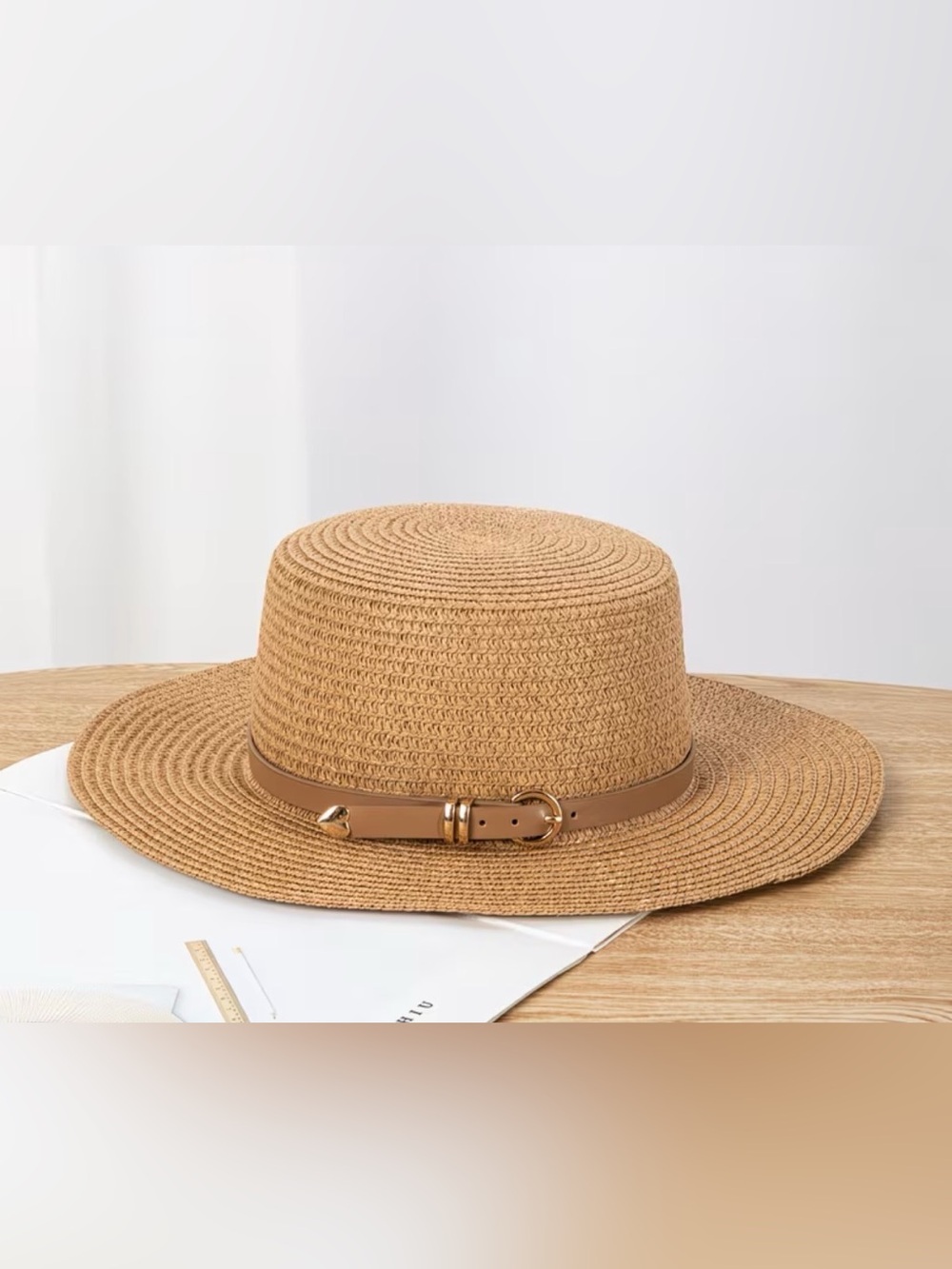 Woven Straw Sun Hat with Faux Leather Trim - Tan